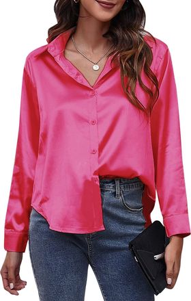 Feoya Satin Blouse for Women UK Long Sleeve Womens Silk Shirts Lapel V Neck Shirt Buton Down Tops Loose Fit Casual Bussiness Shirt Plain Collared Formal Shi