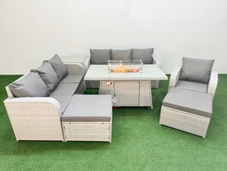 Fimous 9 Seater Poly Rattan Outdoor Garden Furniture Firepit Dining Table Sofa Set Patio 3 Seater Sofa Reclining Chair 3 Seater Sofa 2 Big Footstools