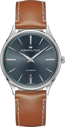 Hamilton Jazzmaster Thinline Automatic Leather Strap Watch, 40mm in Brown/Blue/Silver at Nordstrom