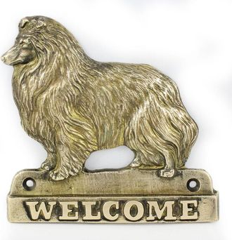 OEM Sheltie: Un Cartel Para Puerta Con Un Perro, Una Placa De Bienvenida De Lat&oacute;n, Un Cartel &Uacute;nico Con La Palabra Bienvenido De Art-dog