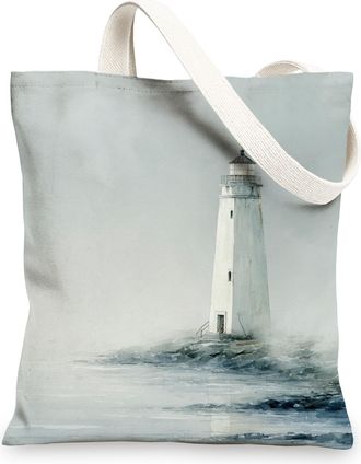 Generic Lighthouse Canvas Tote Bags, Coastal Art Reusable Grocery Bags, Minimalistic Lightweight Washable Shoulder Strap Canvas Bag, Gray, 13x15 Inch