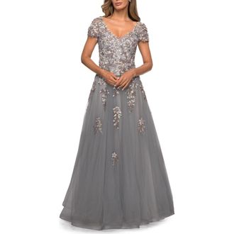 La Femme Short Sleeve A-line Gown with Beaded Lace Appliques in Gray at Nordstrom, Size 14