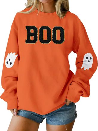 Generic Halloween Sweatshirt for Women Ghost Boo Graphic Print Pullover Funny Long Sleeve trendy Shirt Crew Neck Fall Halloween Festival Pullover Tops (Orange