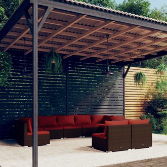 vidaXL Set Muebles De Jard&iacute;n 9 Piezas Y Cojines Rat&aacute;n Sint&eacute;tico Marr&oacute;n Vidaxl