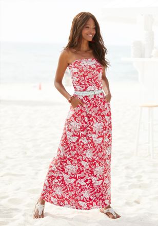 Lascana Maxikleid LASCANA, Damen, Gr. 40, N-Gr, weiss (rot wei&szlig;), Jersey, Obermaterial: 95% Viskose, 5% Elasthan, figurbetont bodenlang, Kleider Maxikleid, mi