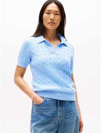 Tommy Hilfiger Womens Short-Sleeve Cable Knit Sweater Polo - Vessel Blue - XXS