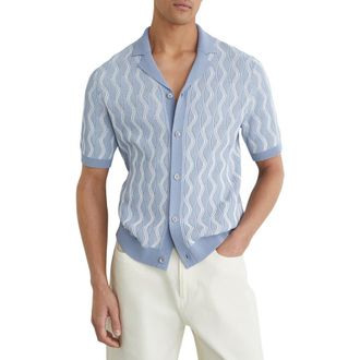 Reiss Johnny Wave Knit Cotton Camp Shirt in Soft Blue at Nordstrom, Size Xx-Large