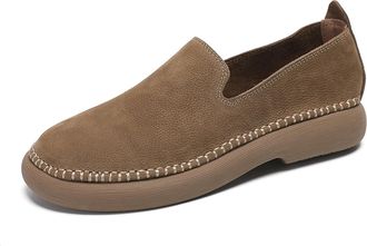 Generic Mens Retro Round Toe Penny Loafers Comfort Soft Moccasin Driving Shoes Genuine Leather Slip on Flats Boat Walking Shoes for Men (Khaki,5.5)