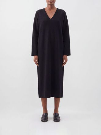 The Row Long Flared Silk Tunic with V-Neck and Long Sleeves