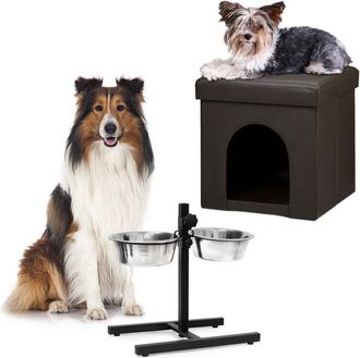 Relaxdays Set De 2 Piezas Home Sweet Hund Deluxe L, Cueva Para Perros Marr&oacute;n, Taburete Con Espacio Para Mascotas, Comedero Doble