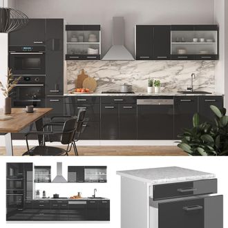 Vicco Mueble De Cocina R-line, Antracita Brillo Intenso/blanco, 350 Cm Con Armario Alto, Et Roble