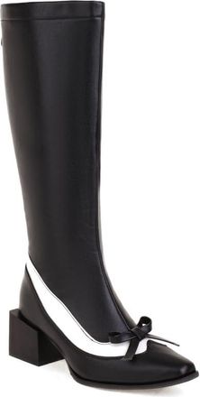 Generic Womens Retro Bow Embellished Knee High Shoes Pointed Toe Block Heel Two Tone Synthetic Leather Comfortable Non Slip Durable for Daily Street Party Wea