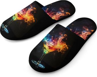 Generic Glowing Martini Glass Mens Flannel Slipper Soft Comfy House Shoes Non Slip Winter Warm Indoor Outdoor Slippers