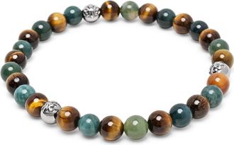 Nialaya Tiger Eye and Aquatic Agate Silver Ball Bracelet in Tiger Eye & Aquatic Agate at Nordstrom, Size X-Large