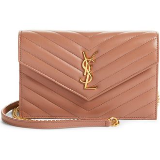 Saint Laurent Cassandre Quilted Leather Wallet on a Chain in Barely Pink at Nordstrom