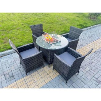 Fimous Fimous 5-Piece PE Rattan Garden Furniture with Big Round Gas Firepit Table and 6 Chairs for Patio Dark Grey Mixed