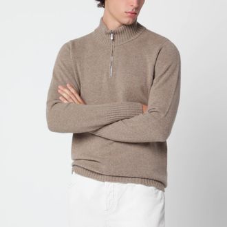 Drumohr Beige m&eacute;lange half-zip wool sweater