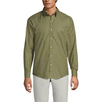 Lands End Tailored Fit No Iron Twill Long Sleeve Shirt in River Stone Green/gold Plaid at Nordstrom, Size Xx-Large