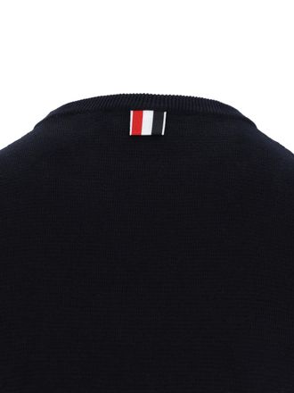 Thom Browne Navy Blue Cotton Sweater With Tricolor Grosgrain Accents