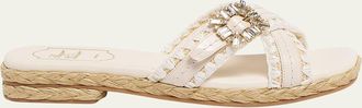 Roger Vivier Raffia & Leather Espadrille Sandals with Strass Buckle