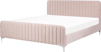 Beliani Cama Con Somier De Terciopelo Rosa Pastel 180 X 200 Cm Acolchado Patas Metal Lunan