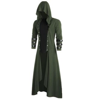 Generic Mens Hooded Faux Insert Button Up Coat Low Gothic Hoodie Long Button Coat Outwear (Green, XXL)