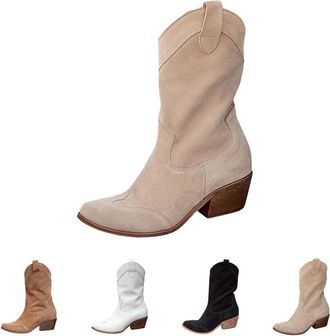 Generic Suede Ankle Boots for Women Wide Fit Chunky Low Heel Booties with Side Zipper Retro Mid Calf Boots Comfortable Slip On Walking Shoes Casual Lightweigh