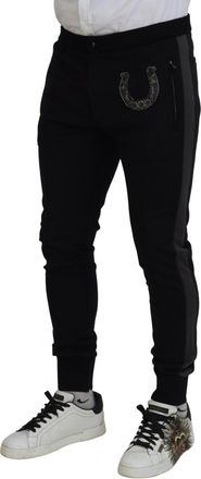 Dolce & Gabbana Mens Virgin Wool Horseshoe-Embroidered Joggers Black Cotton