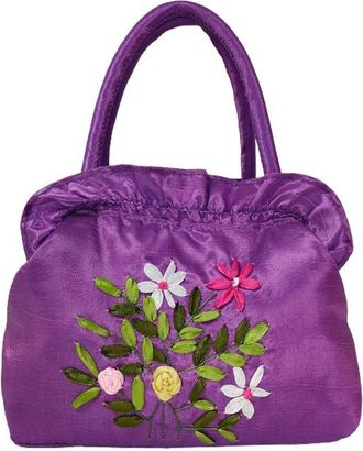 Generic Ethnic Style Tote Bag, Small Purse Wallet, Embroidery Flower Satin Silk Handbag, Zipper Flower Wrist Bag for Women Phone Cosmetic(purple)