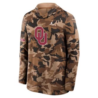 Nike Jordan Mens Oklahoma 2026 Military Appreciation Jordan Brand Dri-FIT College Long-Sleeve Hooded Top in Brown | 0JB92EAOKN-954