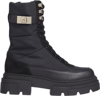 Tommy Hilfiger Zwarte veter-biker enkellaarsjes van leer - Dames - Veterlaarzen - Zwart - 41 EU - Leer - Schoenen