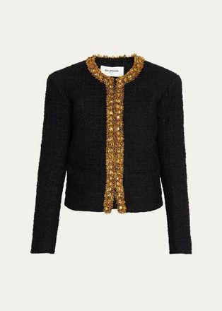 Balmain Beaded Metallic Tweed Collarless Jacket