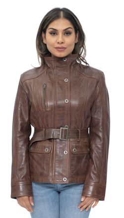 Infinity Leather Womens Military Style Biker Jacket-Phoenix - Brown Nappa Leather - Size 16 UK