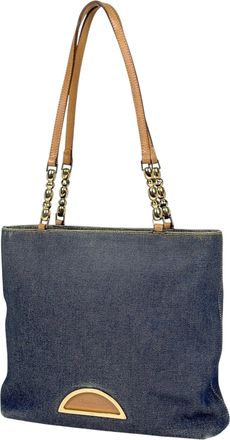 Dior Blue Brown Denim Leather Shoulder Bag Tote Bag (Pre-Owned)