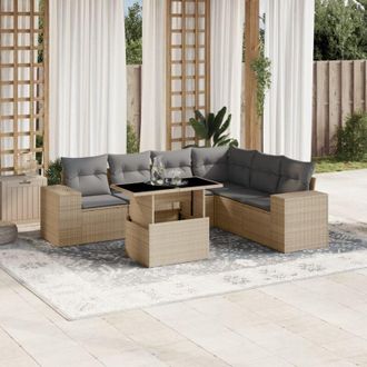 vidaXL Set Sof&aacute;s De Jard&iacute;n 7 Piezas Y Cojines Rat&aacute;n Sint&eacute;tico Beige Vidaxl