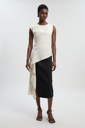 Karen Millen Womens Soft Tailored Asymmetric Neck Draped Waist Detail Midi Dress - Monochrome Multi - Size 6 UK