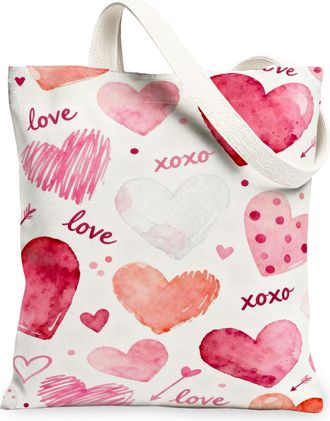 Generic Romantic Hearts Canvas Tote Bags, Vintage Love Pattern Reusable Grocery Bags, Lightweight Washable Shoulder Strap Canvas Fo, Peach, 13x15 Inch