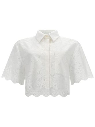 Msgm Eyelet Pattern Cotton-Blend Cropped Shirt