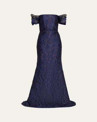 Badgley Mischka Beaded Off-Shoulder Jacquard Trumpet Gown