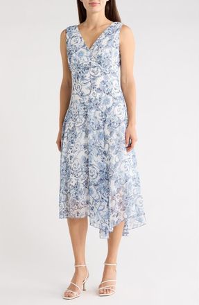 Connected Floral Asymmetric Hem Midi Dress in Blue at Nordstrom Rack, Size 12