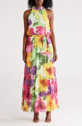 Donna Ricco Mock Neck Sleeveless Maxi Dress in Yellow Multi at Nordstrom Rack, Size Medium