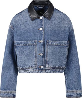 Anine Bing Cropped Blue Denim Jacket With Black Leather Collar