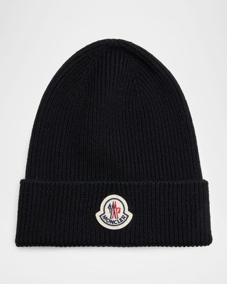 Moncler Men & apos;s Ribbed Wool Logo Beanie Hat