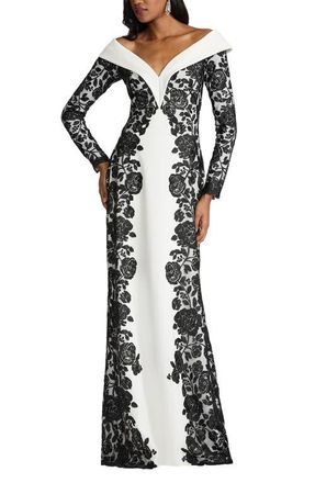 Tadashi Shoji Embroidered Portrait Collar Long Sleeve Crepe Gown in Black/Ivory at Nordstrom, Size 6