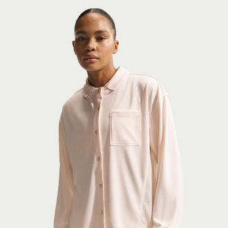 Nike Womens Nike Sportswear Oversized Button-Down Jersey Top in White | IF0274-103