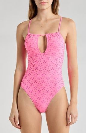 Betsey Johnson Eyelet Cutout One-Piece Swimsuit in Sugar Plum at Nordstrom Rack, Size X-Large