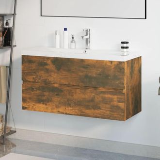 Berkfield Home Sink Cabinet with Built-in Basin Smoked Oak Engineered Wood in Brown