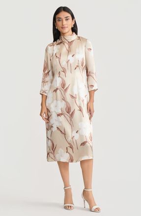 Misook A-Line Floral Print Silk Midi Dress in Biscotti/charmeuse at Nordstrom, Size Xx-Large