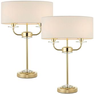Loops 2 PACK Twin Light Table Lamp 2 Bulb Brass & White Shade Crystal Trim Bedside