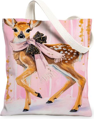 Generic Fawn Canvas Tote Bags, Animal Print Reusable Grocery Bags, Winter Floral Vintage Lightweight Washable Shoulder Strap for Tr, Peach, 13x15 Inch